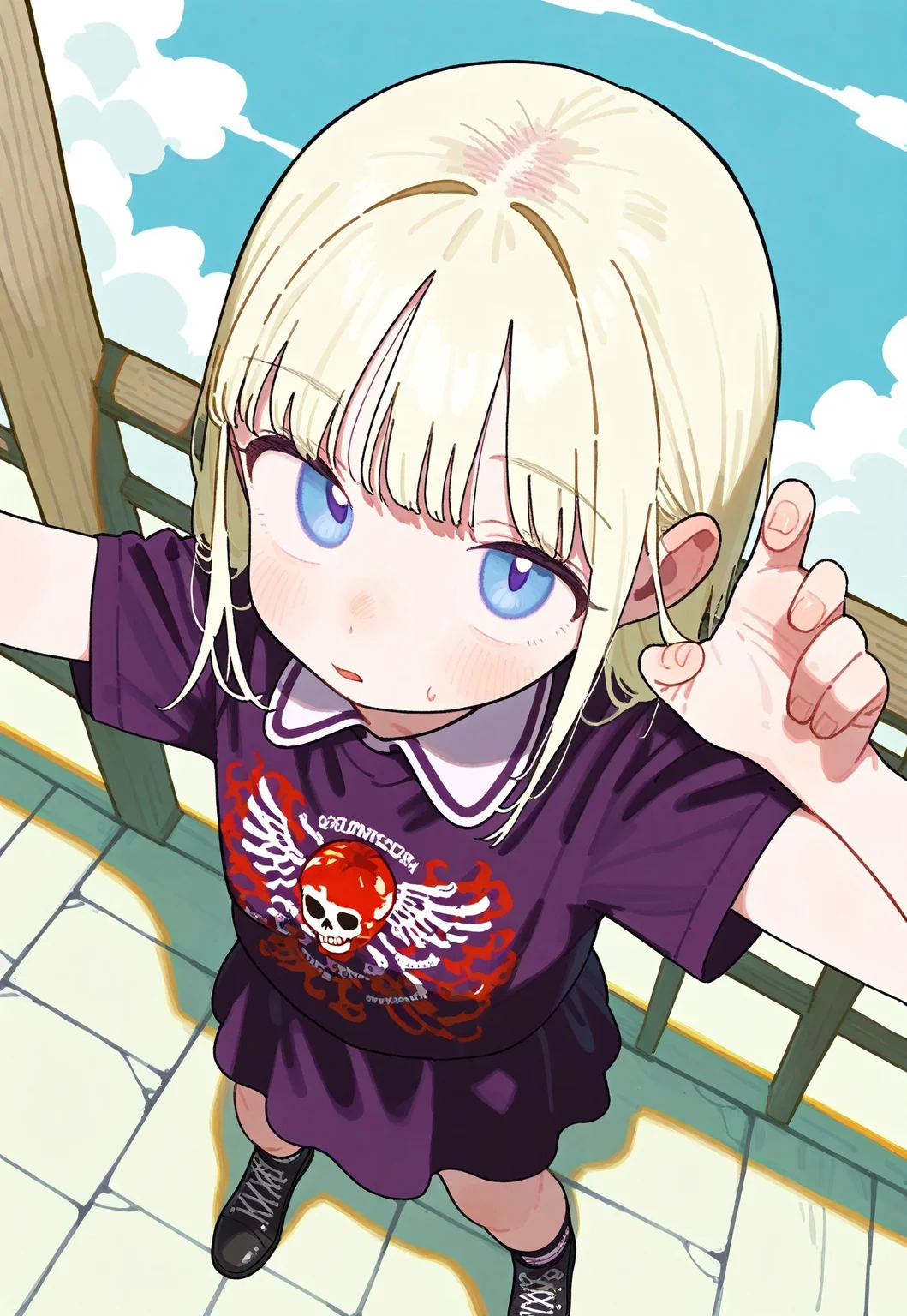 masterpiece, best quality, amazing quality, absurdres, newest, sfw,
1girl, solo, punk outfit,
(foreshortening, perspective, from above,):2,