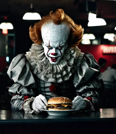 pennywise a creepy clown eating an hamburger in Mcdonalds restaurant, dark ambient cinematic <lora:Pennywise:0.7>