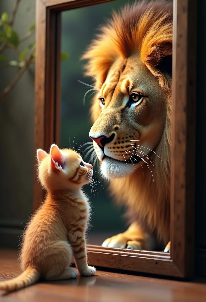 A cute kitten looking in the mirror and seeing an elegant lion reflection, high resolution, highly detailed, photorealistic, cinematic