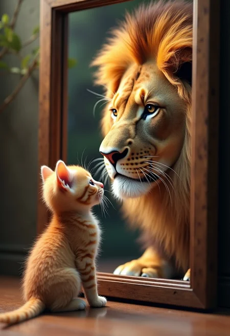 A cute kitten looking in the mirror and seeing an elegant lion reflection, high resolution, highly detailed, photorealistic, cinematic