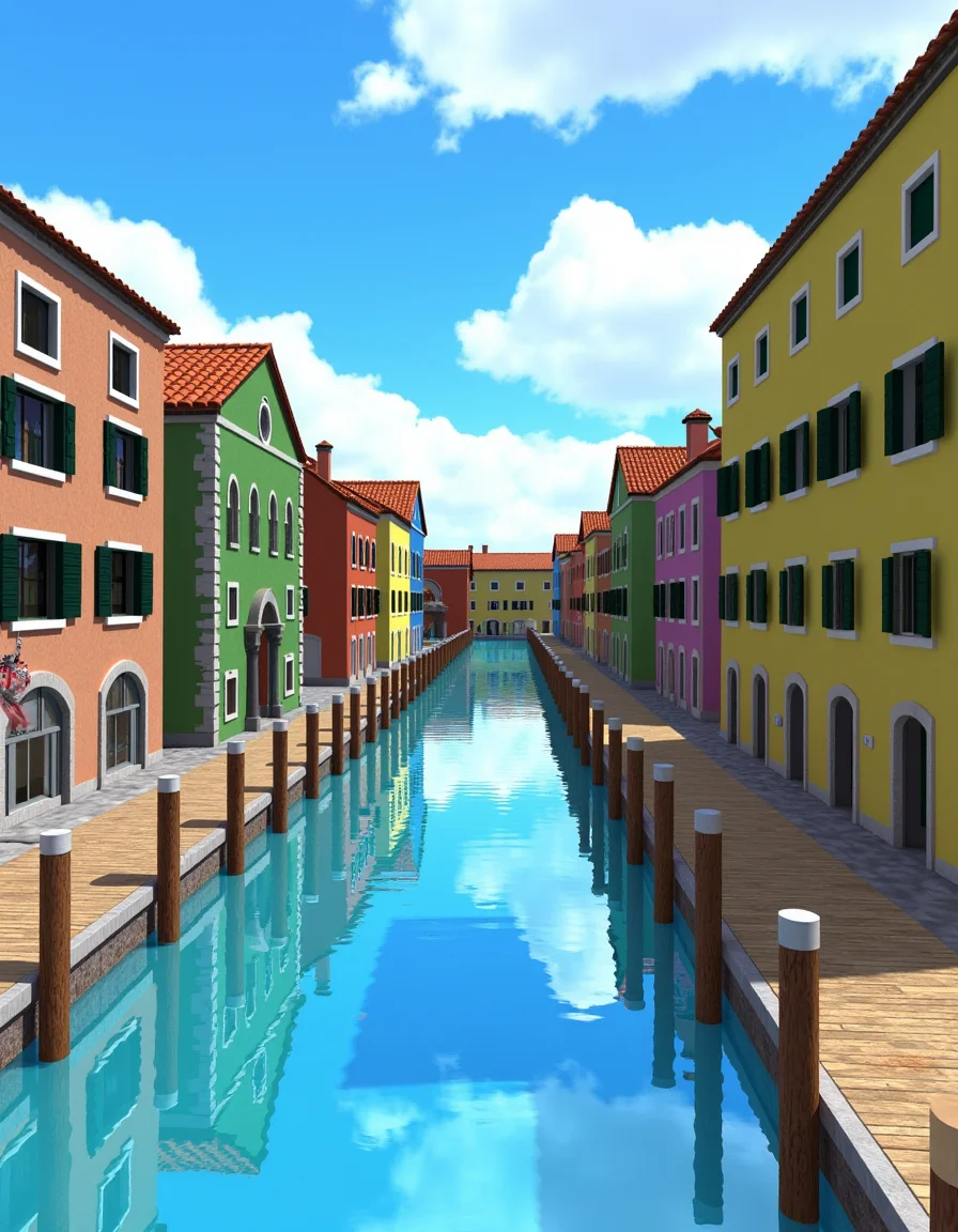 <lora:lora:1> TRP90S
3D rendering of a town, canal running down the center, and italian style buildings on each side, wooden dock, crystal blue water, blue sky, clouds,