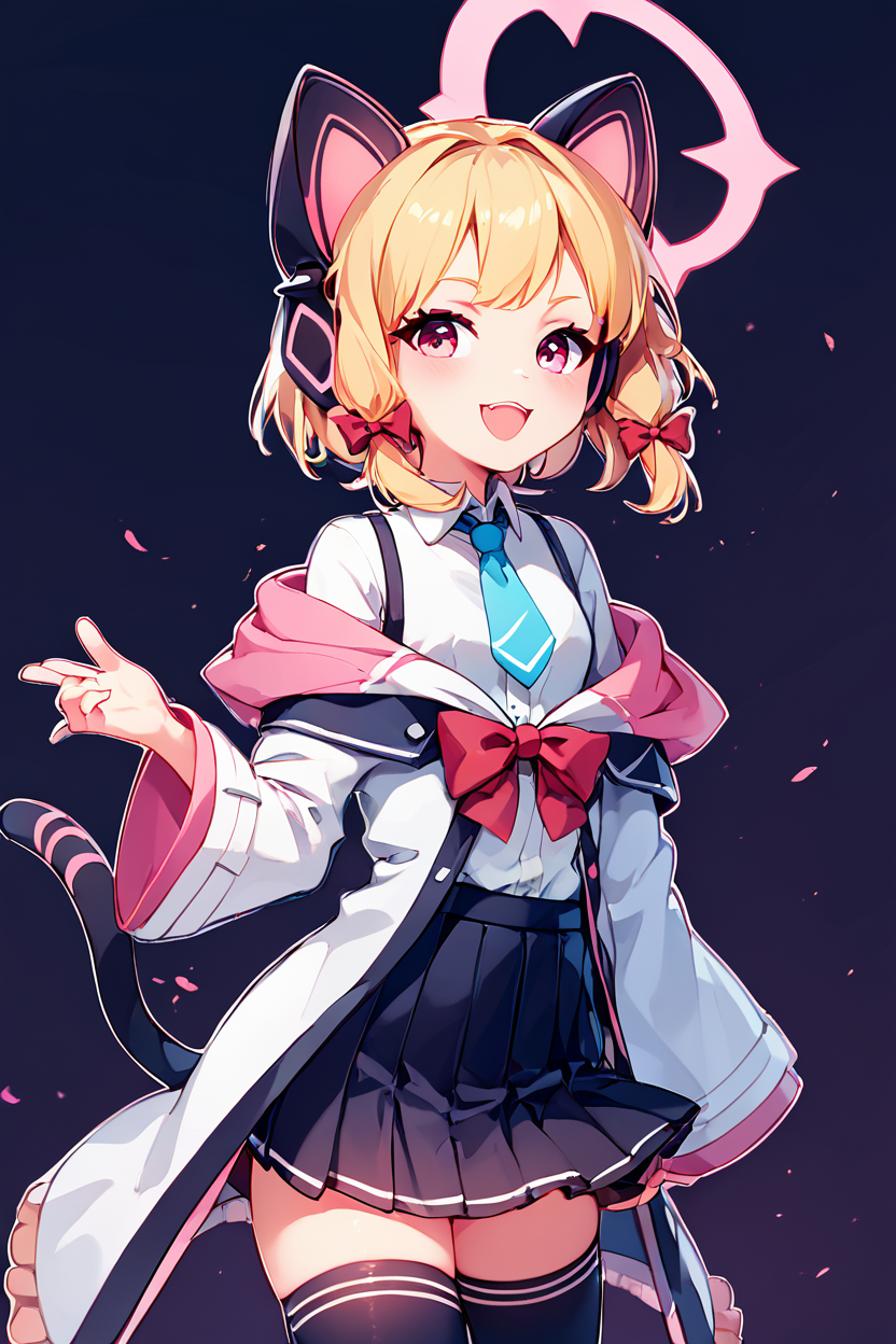 score_9, score_8_up, score_8, medium breasts, (curvy), cute, eyelashes,       BREAK, , ,,, zzMomoi, blonde hair, animal ears, fake animal ears, animal ear headphones, headphones, short hair, bow, halo, cat ear headphones, hair bow, red bow, pink eyes, pink halo, tail, cat tail, red eyes, collared shirt, long sleeves, pleated skirt,  white shirt, black skirt, blue necktie, white jacket, wide sleeves, black thighhighs, suspender skirt ,<lora:Momoi_BlueArchive_PDXL:0.8>,    ,,,, BREAK, smile, looking at viewer, ,,, abstract background, white outline, cowboy shot, ,,, embedding:zPDXL, Expressiveh, ,,, <lora:CatalystStylePDXL:0.6>, <lora:SDXLFaeTastic2400:0.5>, <lora:Expressive_H-000001:0.4>,