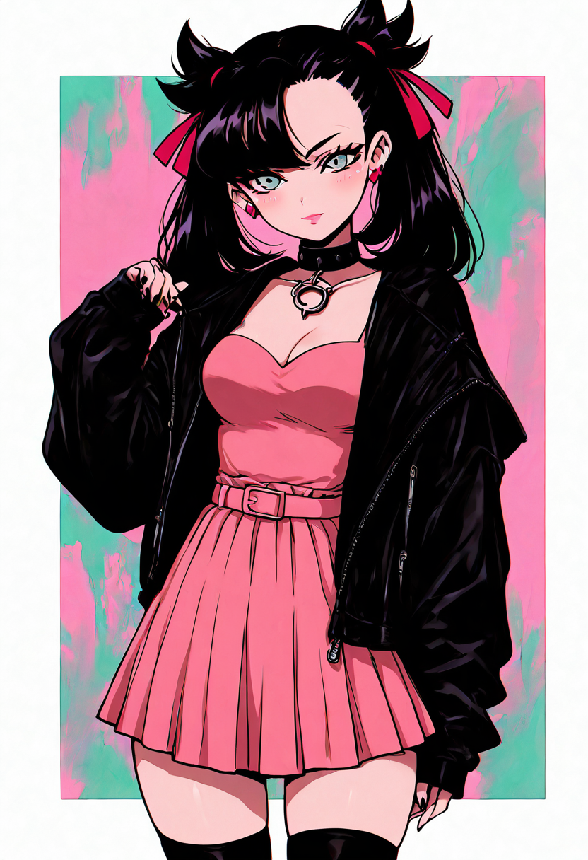 (masterpiece, best quality, good quality, very aesthetic, absurdres, newest:1.2), (curvy, medium breasts),  zzMarnie, aqua eyes,  black choker, red ribbon, pink dress, jewelry, black jacket, open clothes, long sleeves,  ,<lora:MarniePokemon_NAI_v2:1.0>,, smile, looking at viewer, cowboy shot,  ,<lora:GothRetroNAI:1.0>,