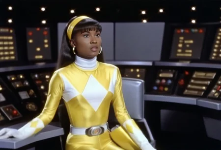 bridge of spaceship Starship Enterprise 1967, Aisha wearing yellow power ranger catsuit, alone, straight hair, yellow hairband, fringe, helmetless, uniform, white turtleneck collar, white gloves belt, holstered weapon, large chunky steel hoop earrings, worried facial expression, sitting square-on, both arms very-outstretched, legs together, looking off-camera, in front of computer console on bridge of spaceship Starship Enterprise, Star Trek television series 1967, hyperdetailed photography