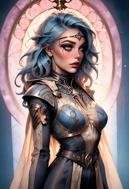 score_9, score_8_up, score_7_up, ((sexy pose, arched back, hands behind head)), ((face focus, eye focus, dynamic angle, motion)), ((large breasts, wide hips)), 1girl, fantasy, Tarot Card Style, n0uv34u style, (bg3isobel), (isobelArmor), breathless intimacy, tanned skin, petite model bombshell, heart, young, delicate features, narrow pointy nose, lust, big eyes, seductive eyes, blue eyes, detailed skin, flared lashes, mascara, makeup, perky medium breasts, athletic body, narrow waist, skinny hips,
warm light, detailed, neon dark party
 BREAK
milky way, runes, arcane, astral, surreal, ethereal glow, masterpiece, best quality, intricate design. colorful, moonlit nightsky, stained glass aesthetic, moody whimsical color palette, murano glass, bold soldering lines, volumetric light shining through, crepuscular rays, intricate craftsmanship, detailed texture, luminous transparency, reflective light play, vivid hues, atmospheric depth, enchanting silhouette, art nouveau,