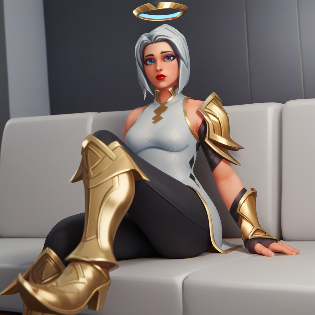 Ugly score_9_up, score_8_up, BREAK, ark, 1girl, solo, white hair, short hair, blue eyes, lipstick, halo, white dress, black leggings, gold boots, <lora:Ark_Fortnite_PXL_Leaf1-000010:1>, indoors, sitting on couch,