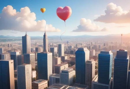 (masterpiece), (score_9, score_8_up, score_7_up,source_anime), best quality, ultra-detailed,24K, illustration, (Uncorrected), CG, 
Latex, 
Multiple balloons, huge balloon, heart-shaped ballon. 
Girl holding string of balloons, floating, white hair, ultra-long hair, glowing eyes, amber eyes, ultra-detailed eyes, 
in Rooftop of Skyscraper, modern city, Skyscraper,