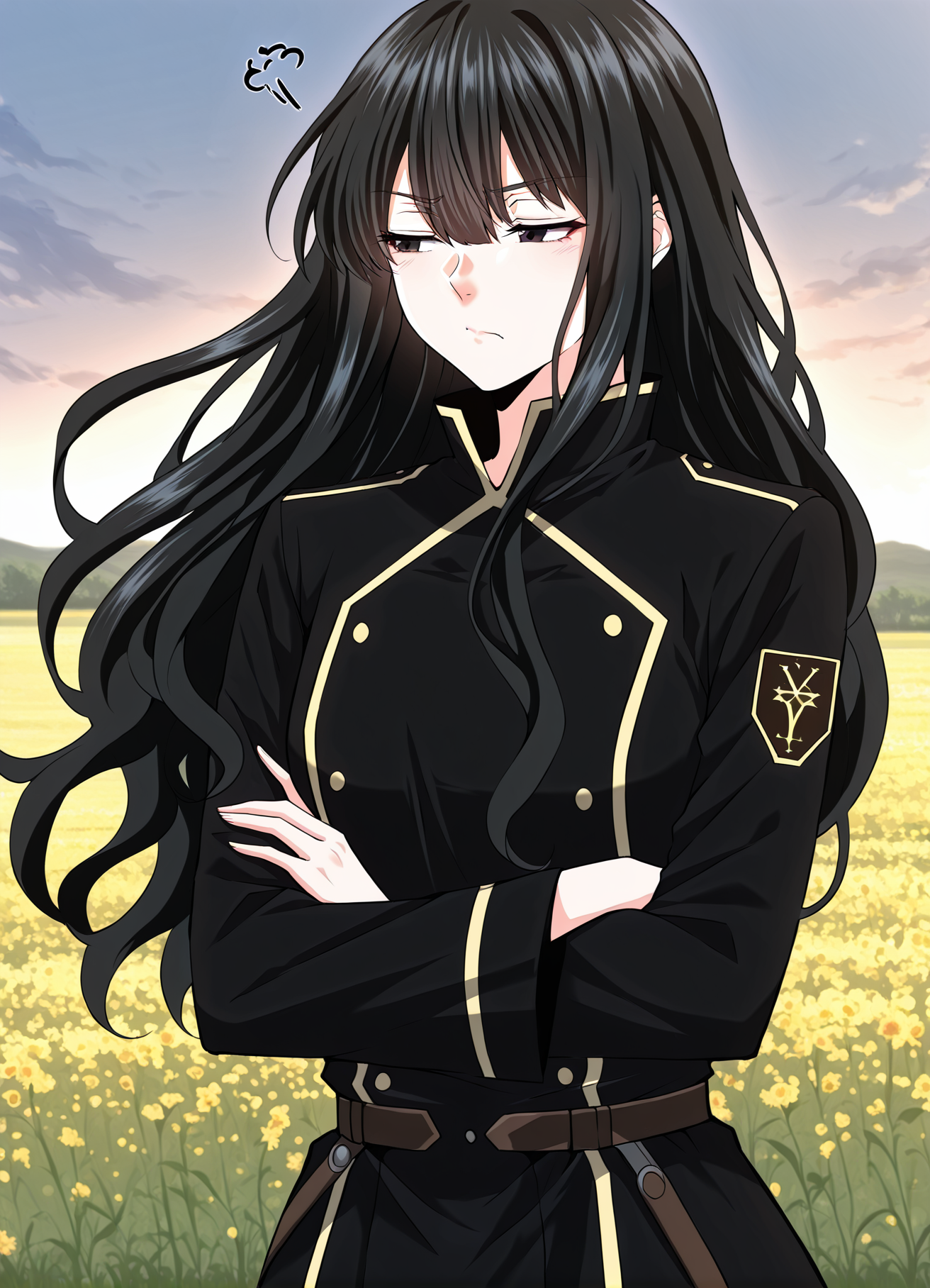 <lora:Kathyln_Glayder__The_Beginning_After_the_End__Illustrious-000009:1>
1 girl, solo, black eyes, brwon eyes, very long hair, black hair, bangs, wavy hair, ahoge, hair between eyes, small breasts, black uniform, long skirt, black thighhighs, balck footwear, sidelocks, long sleeves, belt, frills
score_9, score_8_up, score_7_up, very aesthetic, source_anime, detailed, high quality, beautiful, masterpiece, detailed eyes, field, blurry background, pose dynamic angle, upper body, cowboy shot, floating hair, half-closed eyes, arms crossed, looking to the side, pouting, sulking, <lora:iLLMythG0thicL1nes:1>