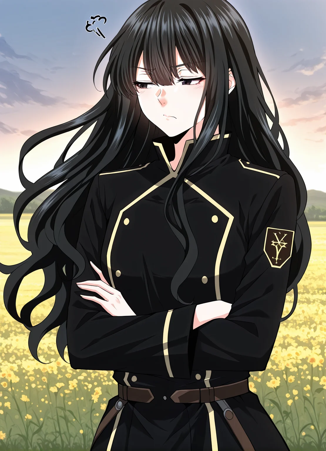 <lora:Kathyln_Glayder__The_Beginning_After_the_End__Illustrious-000009:1>
1 girl, solo, black eyes, brwon eyes, very long hair, black hair, bangs, wavy hair, ahoge, hair between eyes, small breasts, black uniform, long skirt, black thighhighs, balck footwear, sidelocks, long sleeves, belt, frills
score_9, score_8_up, score_7_up, very aesthetic, source_anime, detailed, high quality, beautiful, masterpiece, detailed eyes, field, blurry background, pose dynamic angle, upper body, cowboy shot, floating hair, half-closed eyes, arms crossed, looking to the side, pouting, sulking, <lora:iLLMythG0thicL1nes:1>