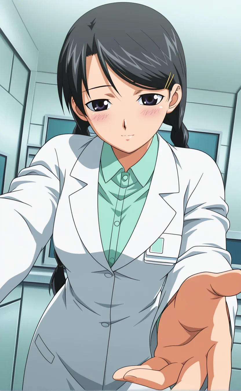 1girl,e1fnsa1t0,anime coloring,2000s \(style\),solo,twin braids,black hair,black eyes,half-closed eyes    ,medium breasts,hairpin,lab coat,indoors,lab,light smile ,cowboy shot   ,reaching towards viewer ,dutch angle ,,closed mouth ,blush,, ,looking at viewer,best quality,masterpiece,sensitive, <lora:elfenliedsaitoNoobAI:1>