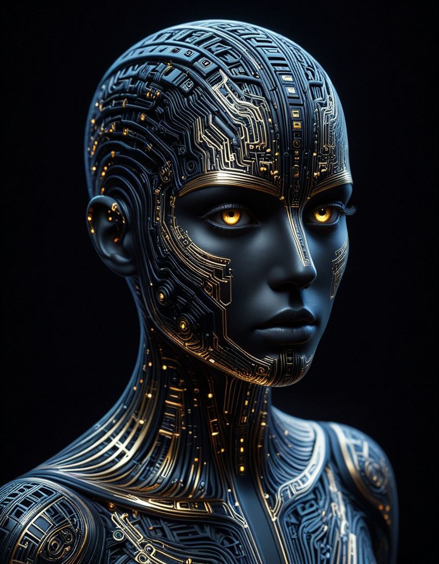 A striking portrait of a futuristic AI humanoid with golden eyes and intricate circuitry etched on his face, creating a unique pattern. His short, styled hair adds to the overall modern and advanced appearance. The dark black background accentuates the luminous skin texture and highlights the subject's striking features, while the intricate circuitry adds depth and complexity to the composition.(art monochrome,digital art oil painting,ink,charcoal,double exposure)glass  painting<lora:luxart:1>
