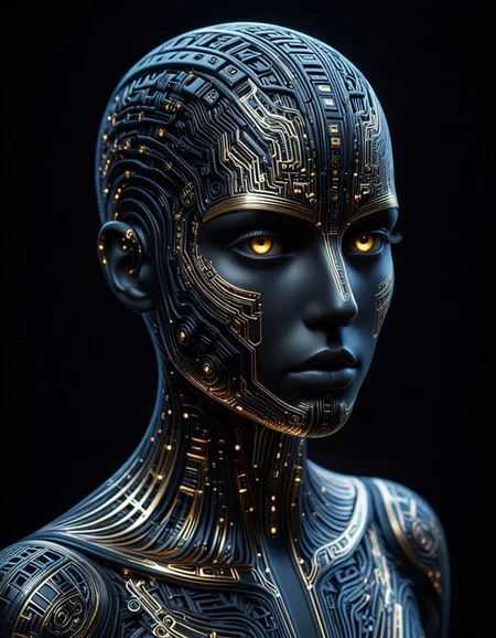 A striking portrait of a futuristic AI humanoid with golden eyes and intricate circuitry etched on his face, creating a unique pattern. His short, styled hair adds to the overall modern and advanced appearance. The dark black background accentuates the luminous skin texture and highlights the subject's striking features, while the intricate circuitry adds depth and complexity to the composition.(art monochrome,digital art oil painting,ink,charcoal,double exposure)glass painting<lora:luxart:1>
