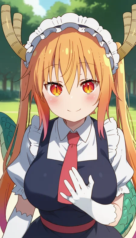 score_9,score_8_up,score_7_up,score_6_up BREAK official art,solo,outdoors,upper body,looking at viewer,facing viewer,smile,blush,tohru \(maidragon\),dragon horns,maid headdress,very long hair,orange hair,multicolored hair,twintails,sidelocks,hair between eyes,bangs,orange eyes,slit pupils,maid,blue dress,long dress,red necktie,collared shirt,white shirt,puffy short sleeves,elbow gloves,white gloves,large breasts,skindentation,frills,dragon tail,large tail,white pantyhose,brown footwear,<lora:Tohru(mkdm)-Pony:1.2>,