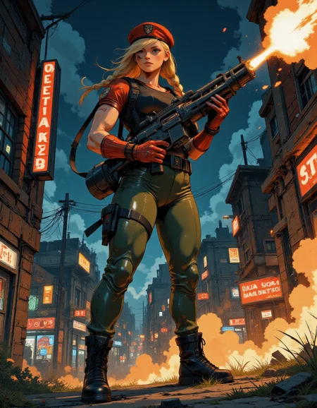 <lora:gc_vintage:1> vintage <lora:Fancha_style_v.5:1> Fancha style <lora:Anime v1.3:1> <lora:Street_Fighter_-_Cammy_White:1> SF-Cammy <lora:M134_Minigun_From_The_Hip_Flux:1>