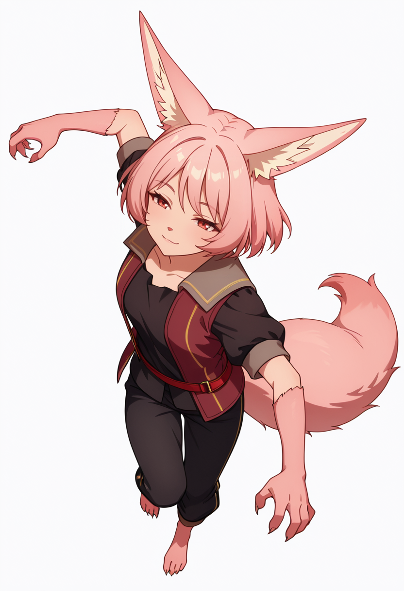 Smooth Quality,masterpiece,very intricate, high quality details, ultra realistic, high detailed skin,detailed enviorement,absurdres,
simple background, white background, dancing, solo,from above,
 <lora:Til_CNR:0.8> til_cnr, 1girl,pink hair, short hair, bangs, red eyes, animal ears, fox ears, animal ear fluff, fox tail, furry female, animal hands, claws, black shirt,open jacket,puffy short sleeves,black pants, belt,barefoot,, naughty face,, ^q^,