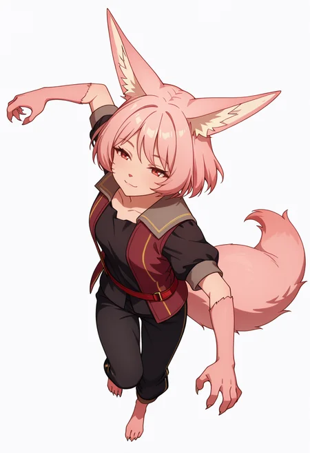 Smooth Quality,masterpiece,very intricate, high quality details, ultra realistic, high detailed skin,detailed enviorement,absurdres,
simple background, white background, dancing, solo,from above,
<lora:Til_CNR:0.8> til_cnr, 1girl,pink hair, short hair, bangs, red eyes, animal ears, fox ears, animal ear fluff, fox tail, furry female, animal hands, claws, black shirt,open jacket,puffy short sleeves,black pants, belt,barefoot,, naughty face,, ^q^,