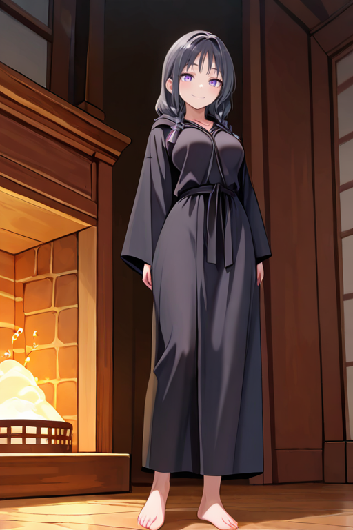 masterpiece, High quality, Ultra detailed, 2d, newest, absurdres, highres, BREAK
1girl, solo, <lora:saki_kiriya:0.8>, saki_kiriya, long hair, twin braids, braid, black hair, purple eyes,  
medium breasts, sakind, long sleeves, black robe, hooded robe, barefoot, 
smile, full body,
