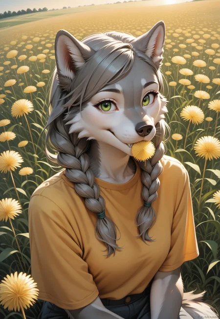 score_9, score_8_up, score_7_up, score_6_up,  female Anthro, White Cheeks, gray fur, green eyes, beautiful eyes, wolf tail, Gray Long Hair, Swept Bangs, Gray Twinbraids, on field, dandelion in mouth, yellow dandelion flower, biting dandelion, sideview, sitting in gras, meadow, golden hour, smile, from above, looking at viewer