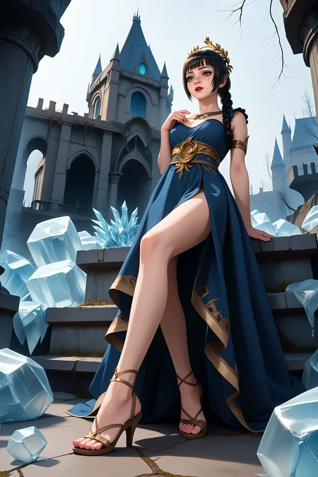 (style\d0f:0.4), (location\c4stl3_v2a:0.8), 5h4rt, score_9, score_8_up, score_7_up, score_6_up, 1girl, low-angle view, lying, frozen wasteland, ice, Greek goddess toga, high heel sandals, gold laurel wreath, red lip color, hentai, <lora:style\d0f:0.4>, <lora:location\c4stl3_v2a:0.8>, <lora:5h4rt:1.0>