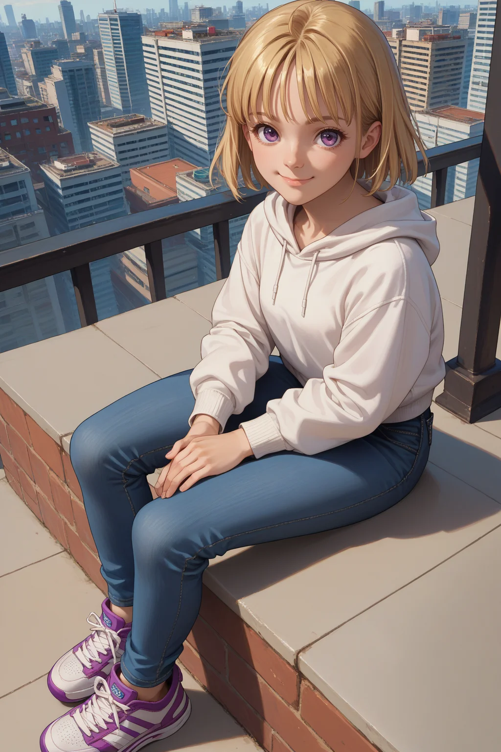 score_9, score_8_up, score_7_up, score_6_up, source_anime, 1girl, solo <lora:yselena-pdxl-nvwls-v1-000005:1> ysElena, blonde hair, medium hair, purple eyes, white hoodie, smile, looking at you, jeans, from above, sneakers, sitting, city, closed mouth