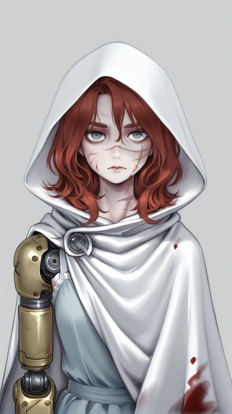 1girl, solo, looking_at_viewer, simple_background, dress, closed_mouth, upper_body, red_hair, medium_hair, cape, grey_eyes, blood, scar, cloak, scar_on_face, mechanical_arms, prosthesis, amputee, prosthetic_arm, white_cloak