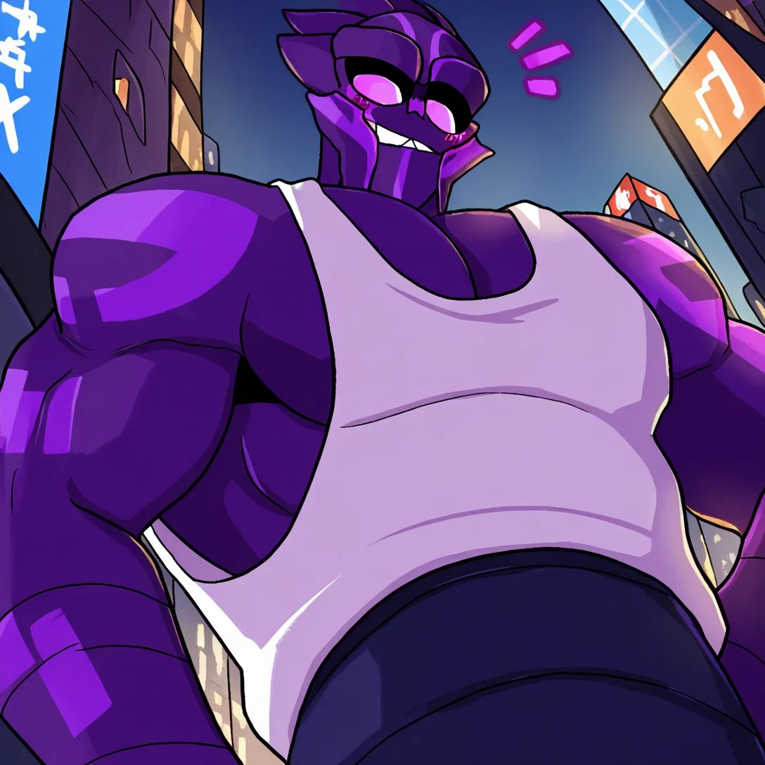 <lora:Turian:1> turian, solo, 1boy, purple skin, upper body, white tank top, no humans, no teeth, masterpiece, annoyed, surprised, view from below, muscular, smirk, giant, destroyed tiny city