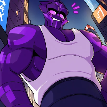 <lora:Turian:1> turian, solo, 1boy, purple skin, upper body, white tank top, no humans, no teeth, masterpiece, annoyed, surprised, view from below, muscular, smirk, giant, destroyed tiny city