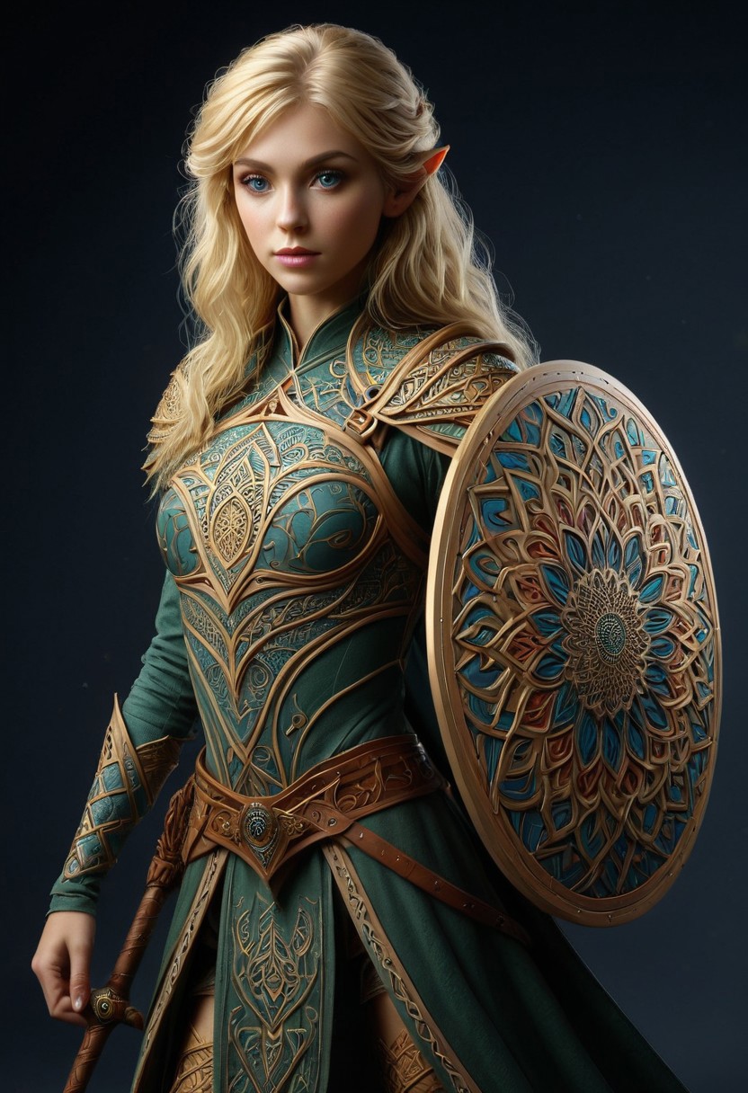 1girl, female elvish warrior, blonde hair,  Low/medium/highly stylized pattern, holding a large shield with 3d mandala pattern