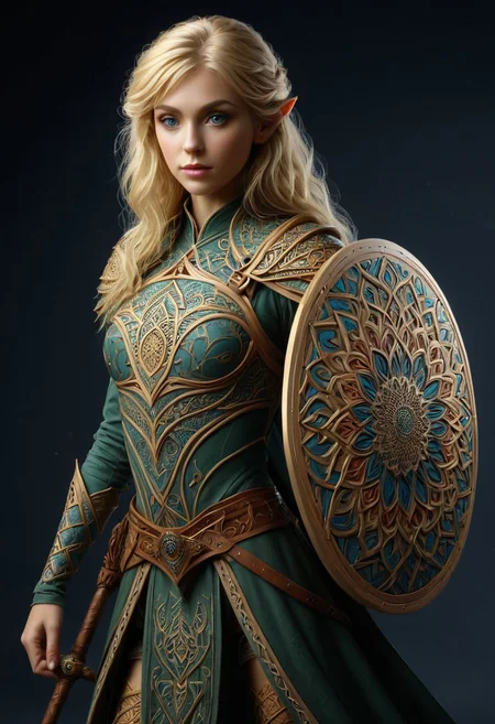 1girl, female elvish warrior, blonde hair, Low/medium/highly stylized pattern, holding a large shield with 3d mandala pattern