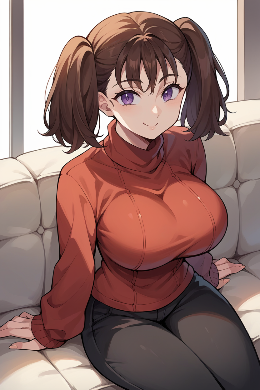 score_9, score_8_up, score_7_up, score_6_up, source_anime BREAK 1girl, <lora:sdsdiane-pdxl-nvwls-v1-000006:1> sdsDiane, short twintails, brown hair, red sweater, sleeves past fingers, black pants, sitting, couch, looking at you, smile, large breasts
