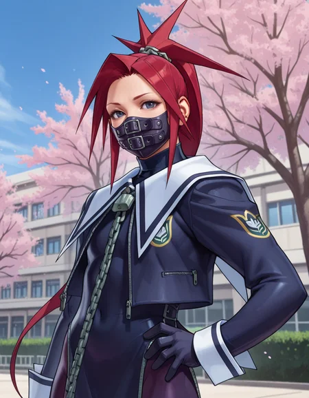Masterpiece, hires, ((solo)), realistic, newest, detailed face and eyes, absurd detail, awesome picture, detailed skin, Beautiful background, dynamic pose, duch Angle, ((Half body)), school, outside, blossom tree, 1girl, project_zaki, solo, ponytail, long hair, spiked hair, mouth mask, school uniform, ornament chain hair, black glove, black eyes, red hair, pelvic curtain , bodysuite, front view, hand on hips, <lora:Project_Justice_Rival_Schools_-_Zaki_Aoi_Himezaki:0.80>