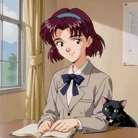1girl, solo, rits3, teen, purple hair, trimmed short hair, green eyes, school uniform, blue hairband, stroking cat, sitting, desk, smile, cat, skirt, jacket, bow, mole under right eye, mole, young, retro artstyle, <lora:rits3:1>,