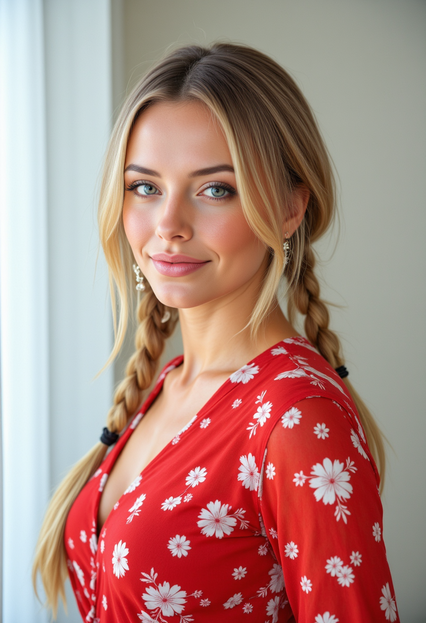 headshots, multiple angles, photoshoot poses; she has piercing eyes. A photo of a woman with blonde hair wearing a red and white dress she has braids. She is smiling. The background is a simple white wall. The overall mood of the image is Happy.RAW candid cinema,16mm,color graded portra 400 film,remarkable color,ultra realistic,textured skin,remarkable detailed pupils,realistic dull skin noise,visible skin detail,skin fuzz,dry skin,shot with cinematic camera,detailed skin texture,(blush:0.2),(goosebumps:0.3),subsurface scattering,beautiful photograph in the style of Augustus John,Sergio Toppi,Virginia Frances Sterrett,8k HD,detailed skin texture,ultra realistic,textured skin,analog raw photo,cinematic grain,whimsical.perfection style,aidmafluxpro1.1
