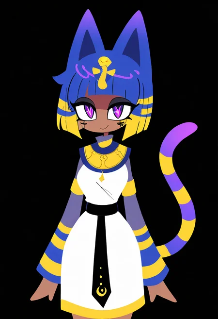 masterpiece, best quality, medium breasts, (curvy), BREAK, zzAnkha, animal crossing, animal ears, armlet, bare shoulders, belt, blonde hair, blue hair, blunt bangs, blunt ends, bob cut, cat ears, cat girl, cat tail, cropped, daniel deng, dark skin, dress, eye of horus, eyelashes, eyes visible through hair, facial tattoo, humanization, purple eyes, shiny skin, short hair, slit pupils, tattoo, usekh collar, white dress, <lora:AnkhaNAI:1.0>,smile, looking at viewer, cowboy shot, <lora:ToonCAT_NAI:1.0>,