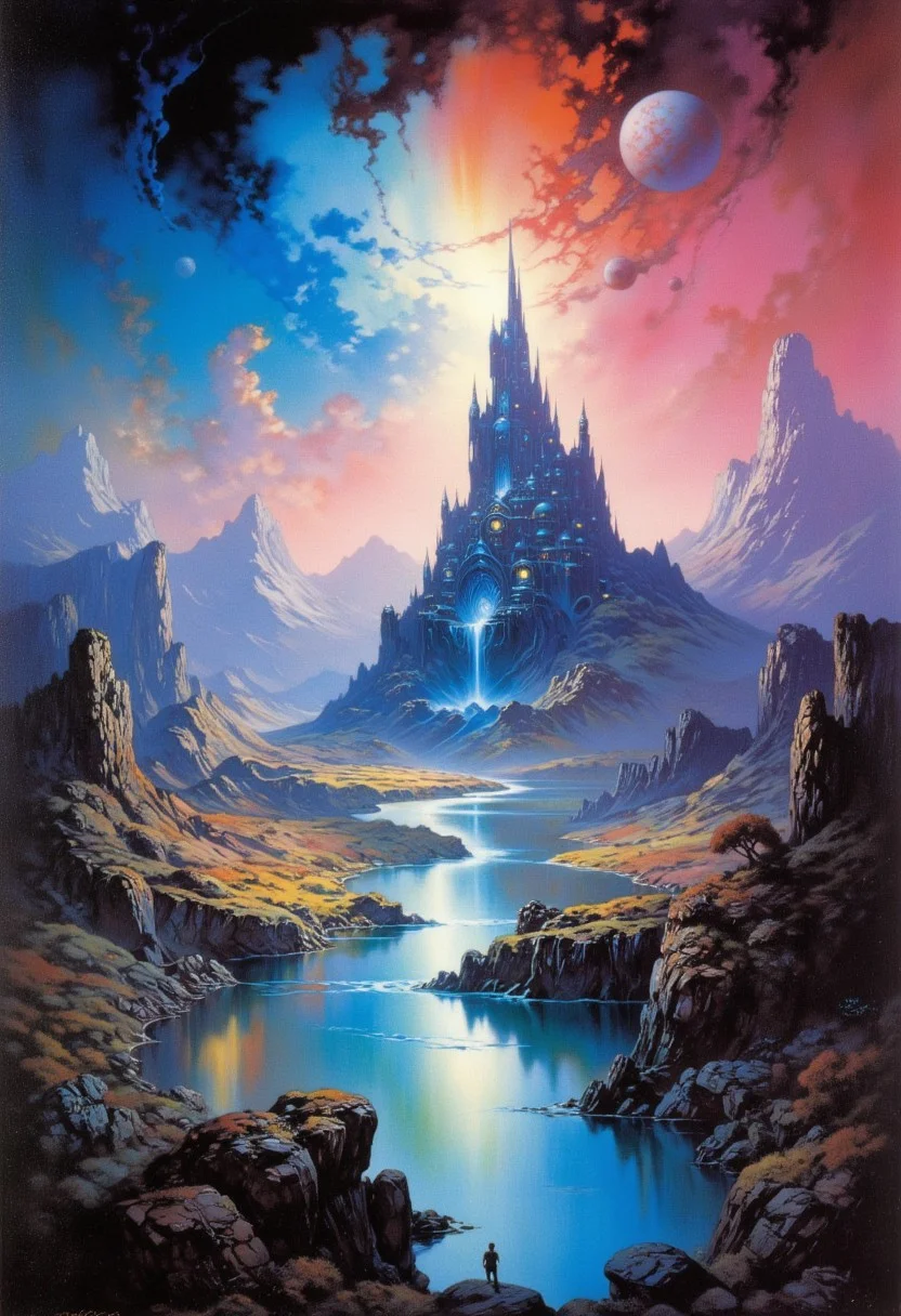 Frank Frazetta sci-fi oil  painting of a panorama view, the lake of serenity, a classic gothic baroque fantasy art painting with vibrant colors, digital artwork, illustrative, painterly, matte painting, highly detailed, atmospheric haze, panoramic zoomed out view, highly dramatic lighting