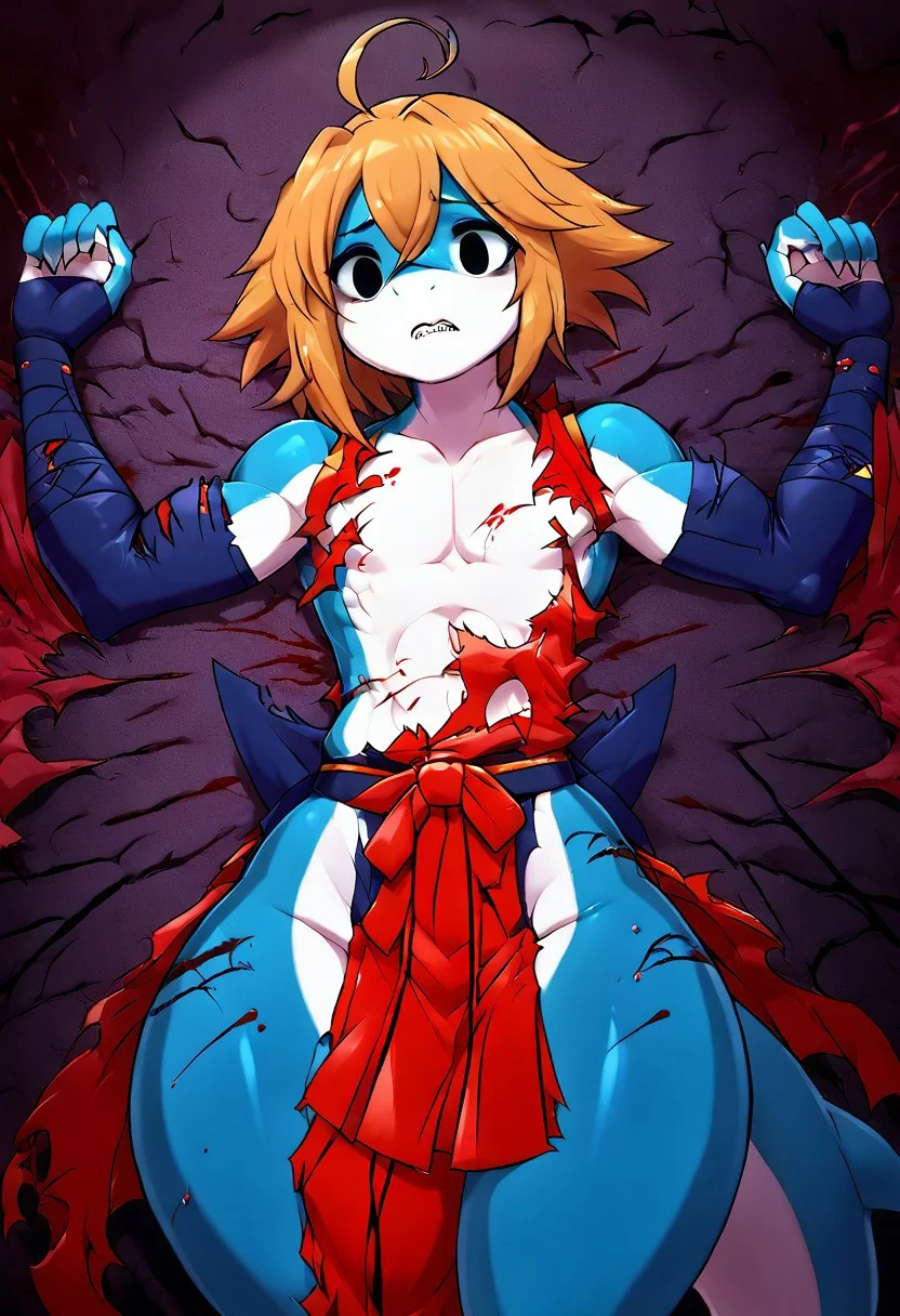 Solo, (Source_furry), male shark {ninja, sleeveless, obi, slim, twink, (baggie hakama blue), femboy, thick thighs, wide hips, ahoge hair, Blood}, defeated sex, after sex, broken, empty eyes, exploding clothes, torn clothes, convenient censoring, Blood_Covered
