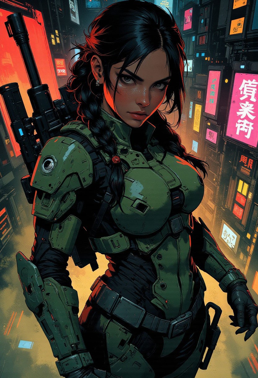 magnificent, closeup portrait, female bounty hunter, braided black hair, futuristic armor, halo spartan, spartan armor, sexy, curvy, large breasts, large ass, a rifle strapped to her back, holstered pistol, Cyberpunk City, Neon Lights, cracking knuckles, hands together, fists, holding own fist, 
looking at viewer, solo, 
Cowboy Shot, close up, from above,