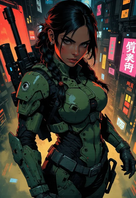 magnificent, closeup portrait, female bounty hunter, braided black hair, futuristic armor, halo spartan, spartan armor, sexy, curvy, large breasts, large ass, a rifle strapped to her back, holstered pistol, Cyberpunk City, Neon Lights, cracking knuckles, hands together, fists, holding own fist,
looking at viewer, solo,
Cowboy Shot, close up, from above,