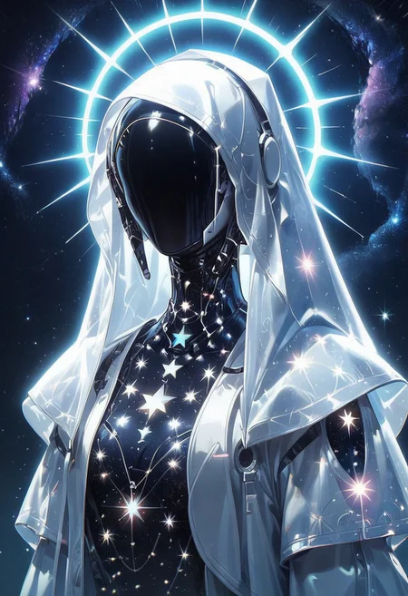 score_9, score_8_up, score_7_up, score_6_up, score_5_up, score_4_up, al13ng0d, white body robot girl, portrait solo, veil, white skin, hood up,( noface:1.2), starry vail, standing in cosmic water surface, legs apart, neon lights, pool with underwater-blue lights, nebula, mix of colors reminiscent of street art background,