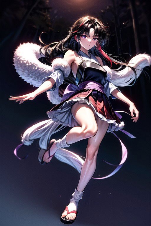masterpiece,  best quality 1girl Setsun4 solo long hair,  (night time) forest background black hair very long hair purple eyes multicolored hair armor (fur trim) (medium body),<lora:EMS-179-EMS:0.800000>,<lora:EMS-293862-EMS:0.800000>ascot, bare shoulders, black footwear, detached sleeves, embellished costume, frills, japanese clothes, nontraditional miko, red skirt, sandals, sarashi, skirt, socks, armor, miko