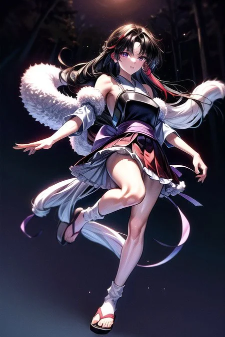 masterpiece, best quality 1girl Setsun4 solo long hair, (night time) forest background black hair very long hair purple eyes multicolored hair armor (fur trim) (medium body),<lora:EMS-179-EMS:0.800000>,<lora:EMS-293862-EMS:0.800000>ascot, bare shoulders, black footwear, detached sleeves, embellished costume, frills, japanese clothes, nontraditional miko, red skirt, sandals, sarashi, skirt, socks, armor, miko