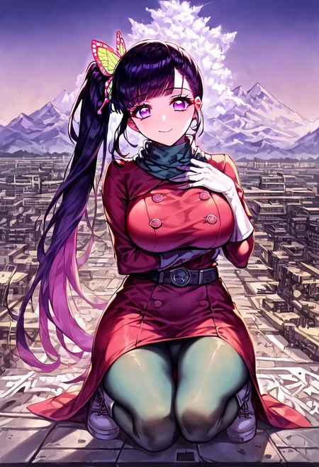 gorgeous lips, cinematic, (masterpiece), (best quality), (ultra-detailed), very aesthetic, perfect composition, intricate details, absurdres, detailed face, (anime, masterpiece, intricate:1.3), (best quality, hires textures, high detail:1.2), score_9, score_8_up, score_7_up, source_anime, 1girl, kanao tsuyuri, black hair, pink highlights, butterfly, butterfly hair ornament, purple eyes, long hair, side ponytail, ponytail, eyelashes, hair ornament, scarf, dress, red dress, long sleeves, buttons, gloves, white gloves, belt, pantyhose, green pantyhose, laced heel boots, white footwear, skirt, flower patterns, alternate_costume, enormous breasts, facial expression, kind, soft eyes, head tilt, slightly smiling, closed mouth, hand on breasts, goddess, building size, giantess, growing even bigger, sitting on the city floor, hugging knees, gradient eyes, beautiful detailed eyes, city background, mountain landscape, city, mountain, building, skyscrapers, in the middle of the city, (masterpiece:1.4), (best quality:1.4), (ultra-detailed:1.2), gl0w, glow,