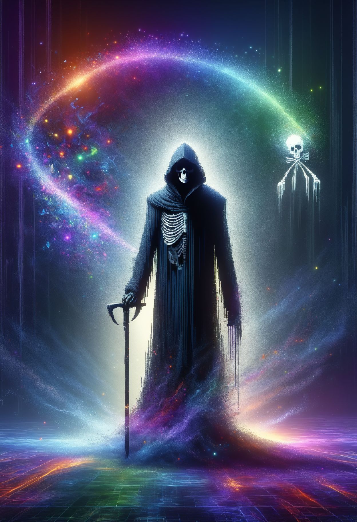 DonMD1g174l4sc3nc10nXL,pixelization dissolve,pixelart,  death, personification of the end of life, skeletal figure, carries a scythe, dark tattered robes, hooded figure,, afterlife, universal inexorable force in existence, pouring,pleasant ,    <lora:DonMD1g174l4sc3nc10nXL-000006:1.2>