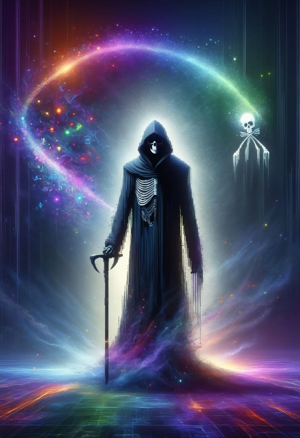 DonMD1g174l4sc3nc10nXL,pixelization dissolve,pixelart, death, personification of the end of life, skeletal figure, carries a scythe, dark tattered robes, hooded figure,, afterlife, universal inexorable force in existence, pouring,pleasant , <lora:DonMD1g174l4sc3nc10nXL-000006:1.2>