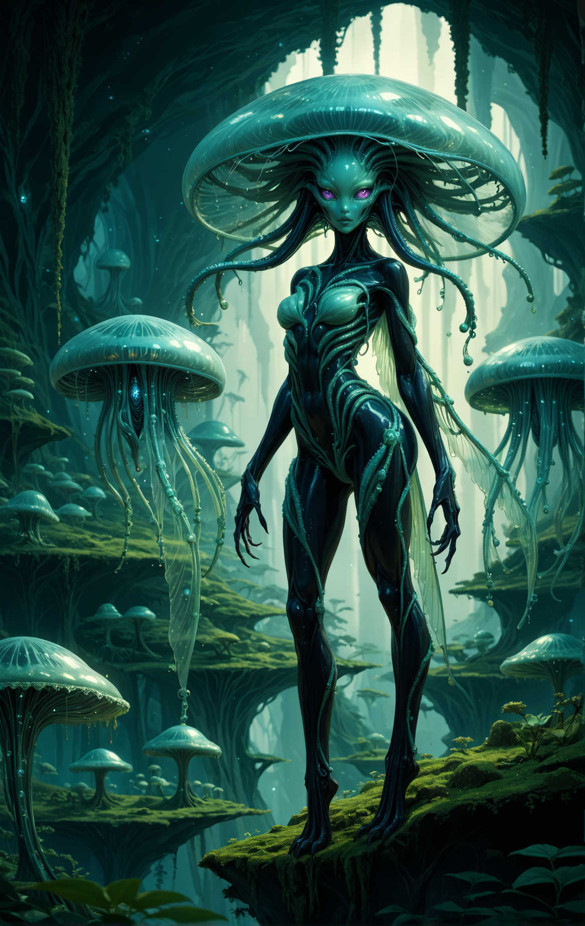 score_9, score_8_up, score_7_up, score_6_up, asrtomorph, beautiful alien goddess with smooth, opalescent skin that shifts colors like a pearl, intricate, semi-transparent wings resembling those of a jellyfish glowing softly, her long fingers tipped with delicate, crystalline claws, standing on a floating island covered in alien moss and glowing water, the galaxy stretching endlessly behind her