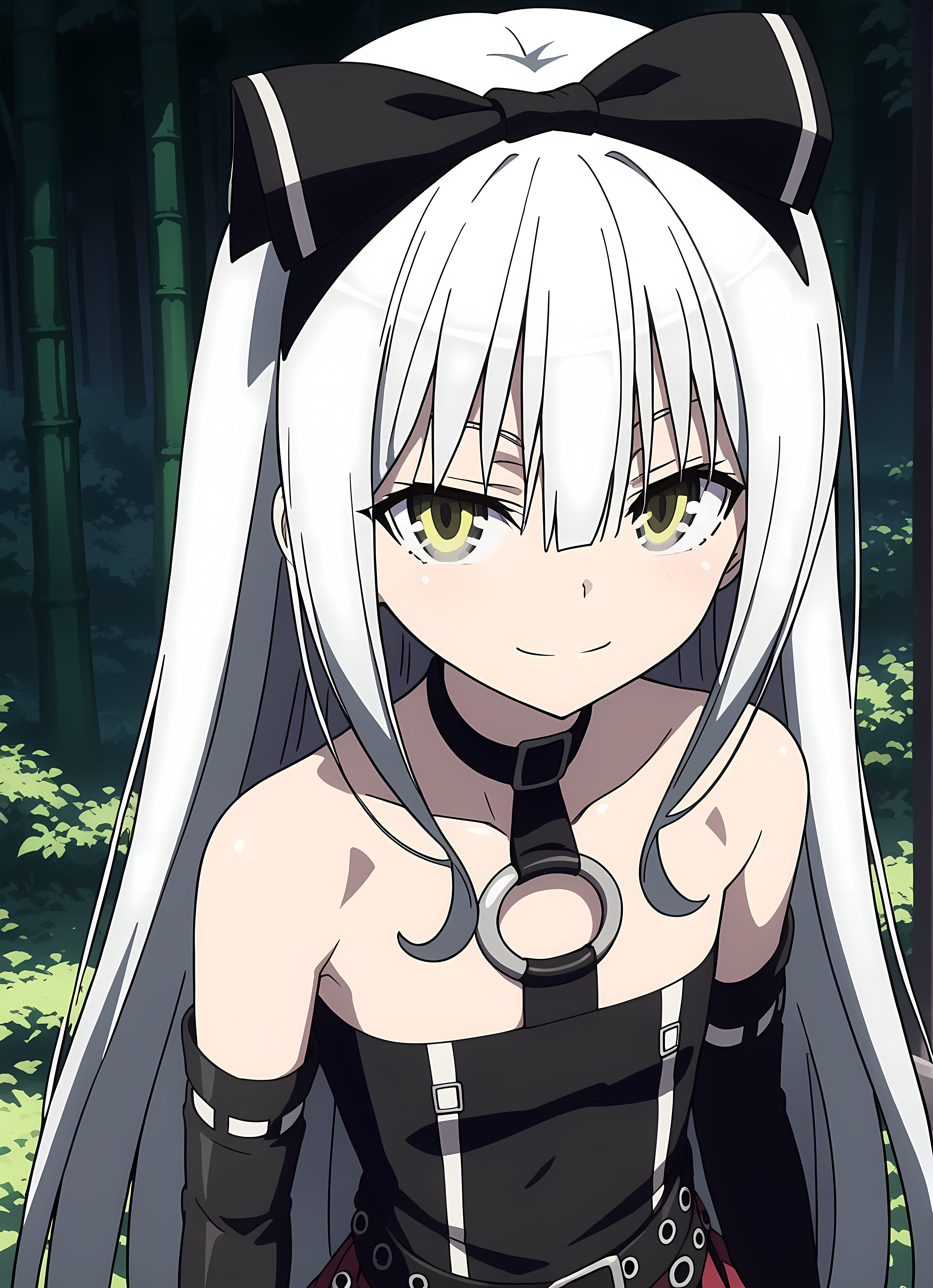 score_9,score_8_up,score_7_up,looking at viewer, shiny skin, upper body, light smile, petite,ohwx, grey_hair, long_hair, yellow_eyes, collarbone, very_long_hair, grey_eyes, hair_between_eyes, white_hair, short_hair, flat_chest, breasts,bare_shoulders, choker, bow, hair_bow, collar, ribbon, dress, skirt, black_bow, belt, black_dress, hair_ribbon, pantyhose, cosplay, gloves, elbow_gloves, black_pantyhose, hairband, thighhighs, shoes, necktie, pleated_skirt, o-ring, gothic_lolita, View of Mount Fuji from a bamboo forest, soft light filtering through leaves, peaceful and majestic,<lora:sora_pony_sobsynapse-000003:0.9>