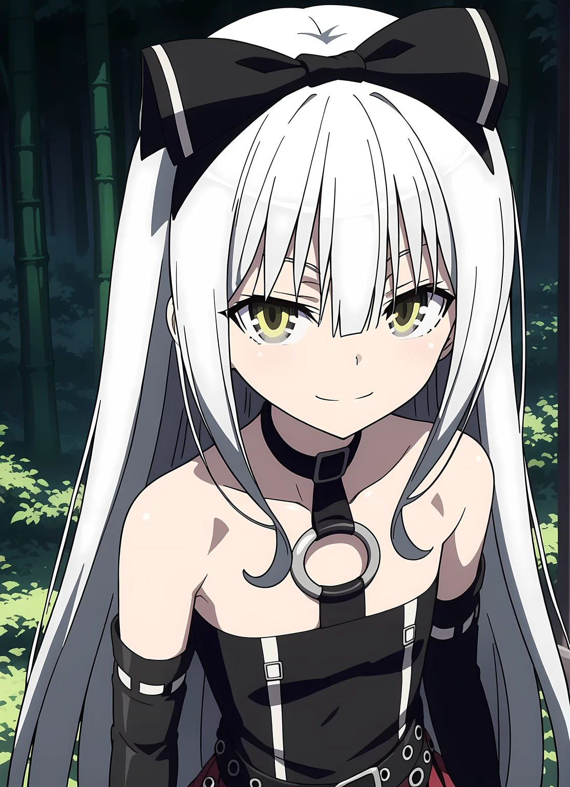 score_9,score_8_up,score_7_up,looking at viewer, shiny skin, upper body, light smile, petite,ohwx, grey_hair, long_hair, yellow_eyes, collarbone, very_long_hair, grey_eyes, hair_between_eyes, white_hair, short_hair, flat_chest, breasts,bare_shoulders, choker, bow, hair_bow, collar, ribbon, dress, skirt, black_bow, belt, black_dress, hair_ribbon, pantyhose, cosplay, gloves, elbow_gloves, black_pantyhose, hairband, thighhighs, shoes, necktie, pleated_skirt, o-ring, gothic_lolita, View of Mount Fuji from a bamboo forest, soft light filtering through leaves, peaceful and majestic,<lora:sora_pony_sobsynapse-000003:0.9>