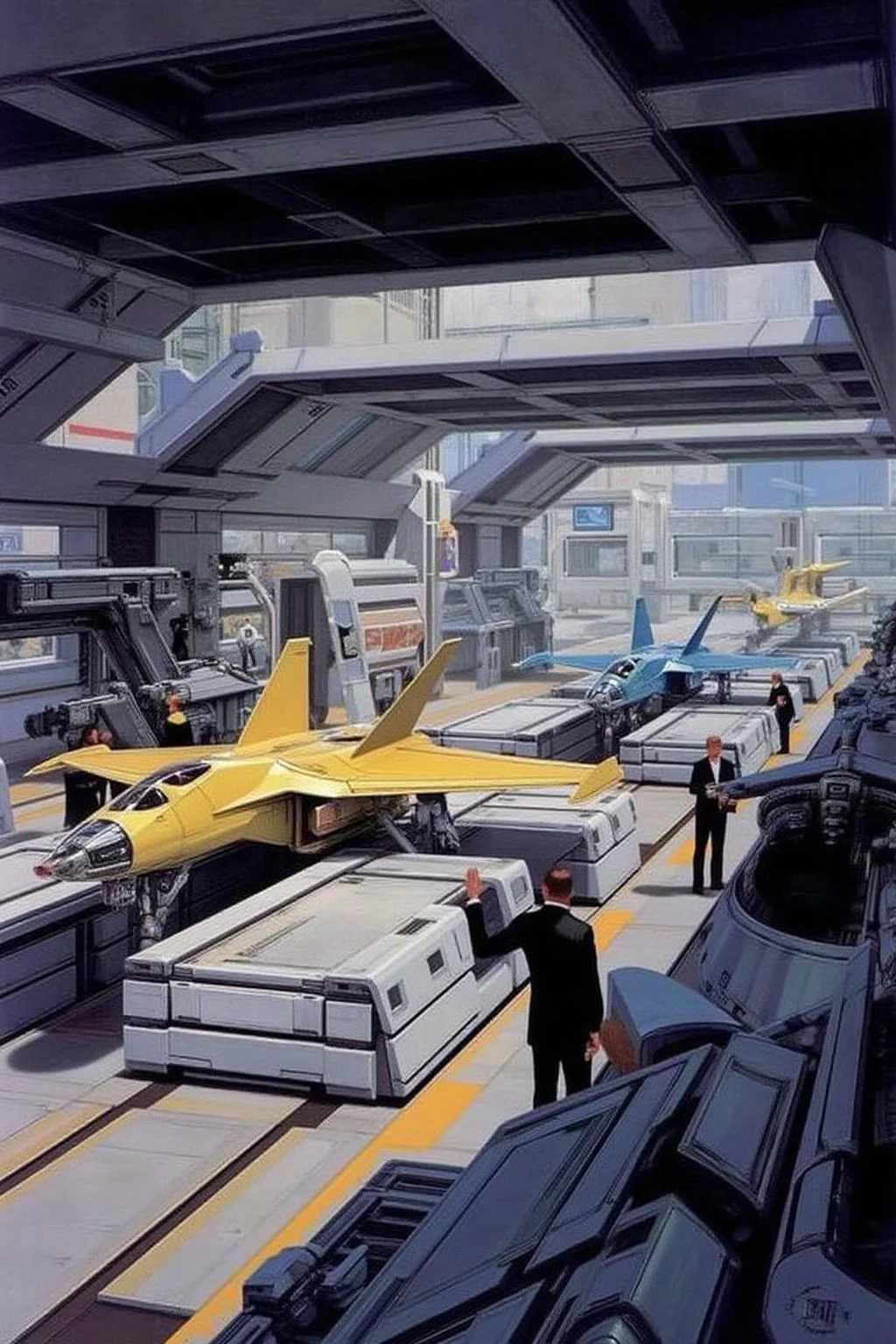 sydme1 painting
a futuristic spaceport or hangar, likely from a science fiction setting. The scene is set in a high-tech, industrial environment with metallic surfaces and advanced machinery. The foreground features a sleek, yellow and white jet aircraft on a raised platform, flanked by two men in dark business suits, standing and discussing. The jet has a sleek, aerodynamic design with a cockpit and wings, suggesting it's a high-performance craft. <lora:sydme6_cap_d6a3:1.0><lora:811017347642083624:0>