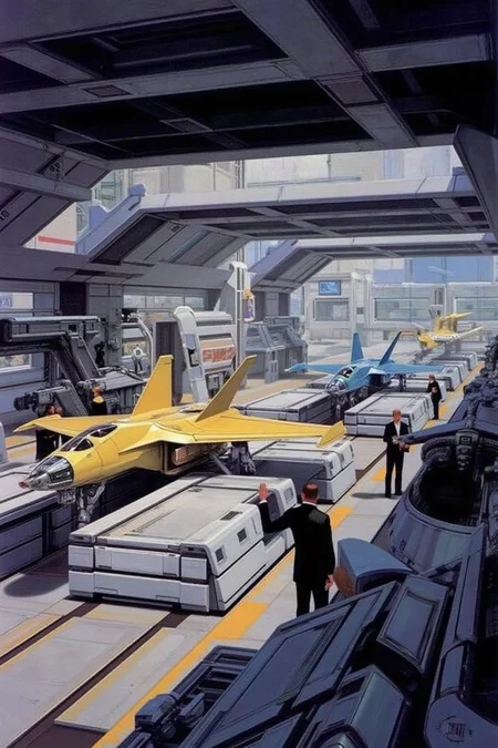 sydme1 painting
a futuristic spaceport or hangar, likely from a science fiction setting. The scene is set in a high-tech, industrial environment with metallic surfaces and advanced machinery. The foreground features a sleek, yellow and white jet aircraft on a raised platform, flanked by two men in dark business suits, standing and discussing. The jet has a sleek, aerodynamic design with a cockpit and wings, suggesting it's a high-performance craft. <lora:sydme6_cap_d6a3:1.0><lora:811017347642083624:0>