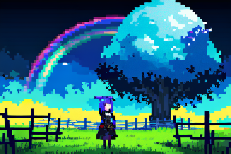 (otherworldly), highly insanely detailed, masterpiece, top quality, best quality, highres, 4k, 8k, RAW photo, (very aesthetic, beautiful and aesthetic), farm, fields, barn, fence, fantfa, <lora:FantasyFarm-10:0.8>, 
1girl, 
(midnight blue hair ,rainbow hair,Iridescence hair), 
(yellow background),âââ